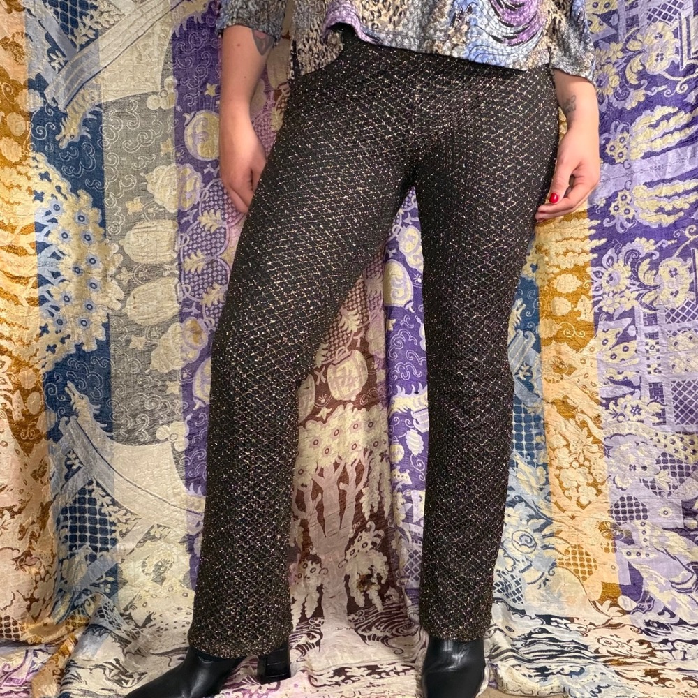 Mid Rise Glam Rock Black+Gold Lace Fishnet Whimsigoth Flare Pants Size S-M